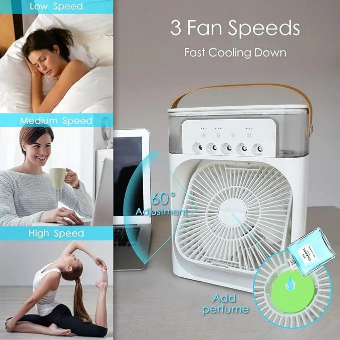 "Portable Mini Air Conditioner Fan – 3 Speeds, 3 Spray Modes & 7-Color LED with Timer" ckfn0z-i0